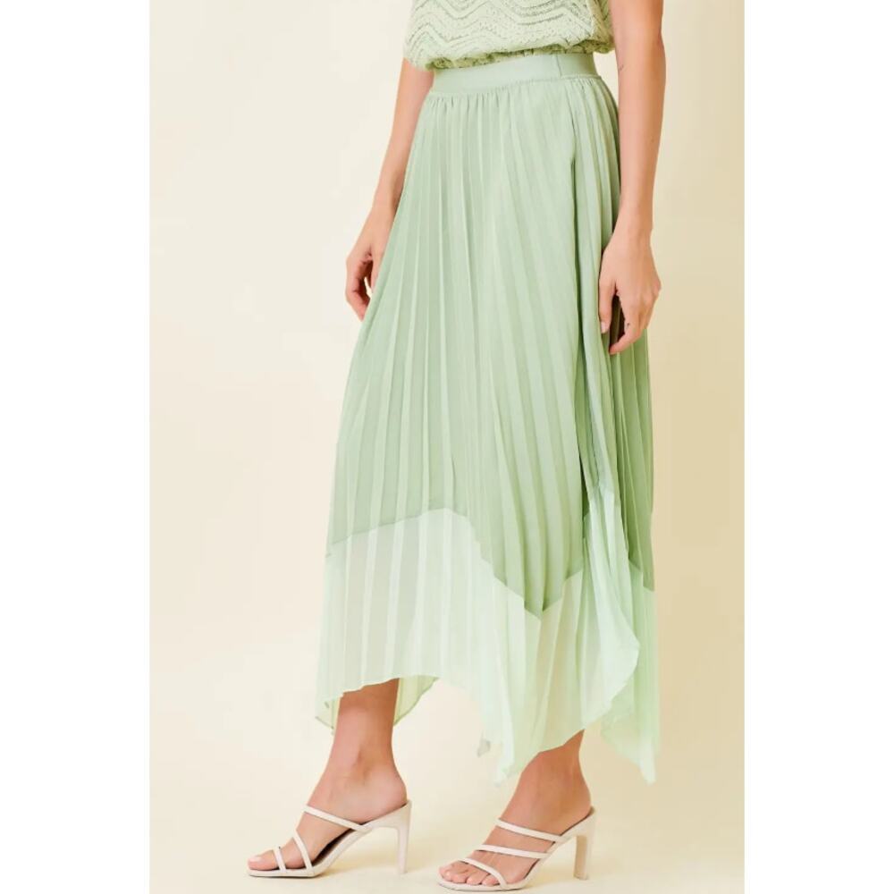 Sage Green Pleated Midi Skirt Asymmetrical Hem - Picture 7 of 9